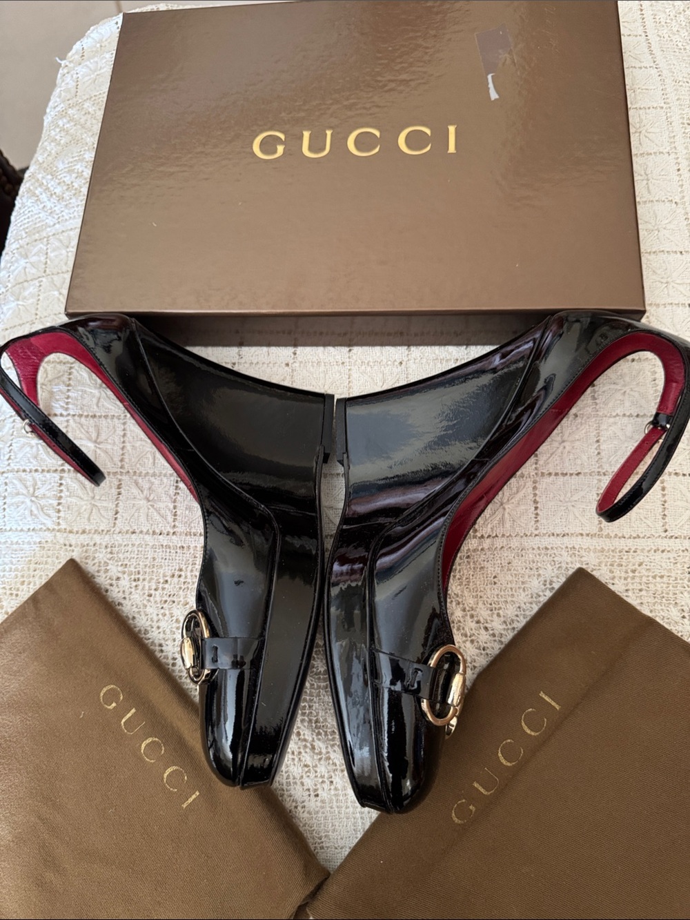 Gucci NIB black patent platform wedges with signature brass horsebit accent. - Picture 2 of 5